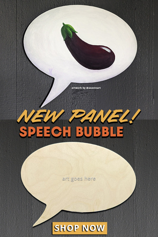 Speech-bubble panel graphic showing an eggplant illustration and an unpainted example; text announces a new panel.