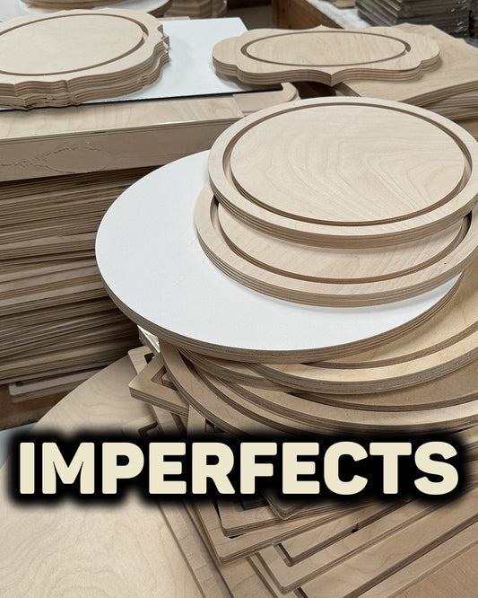 Stacked shaped wood panels; text reads Imperfects.