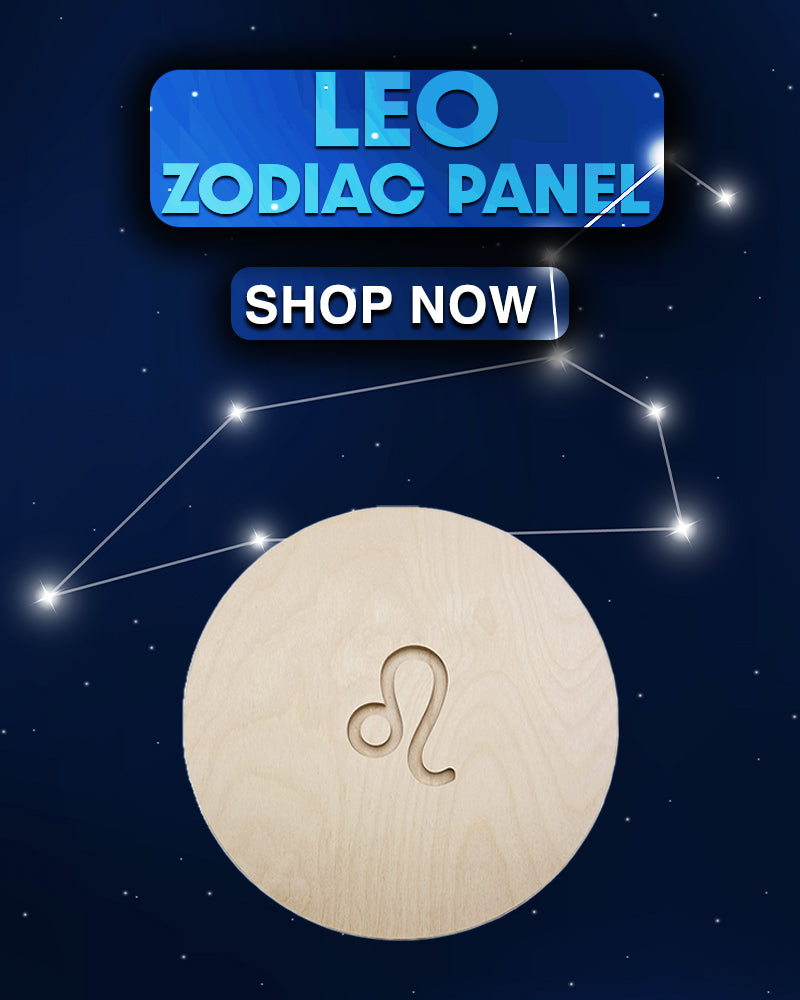 Leo Zodiac Panel graphic showing an unpainted round panel and Shop Now text.