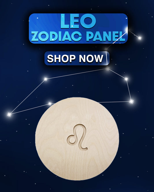 Leo Zodiac Panel graphic showing an unpainted round panel and Shop Now text.