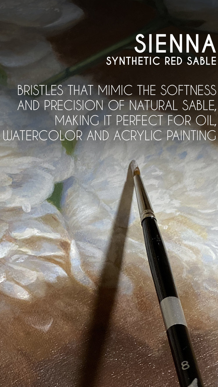 Sienna brush graphic with a close-up pointed brown tip and text about performance and durability.