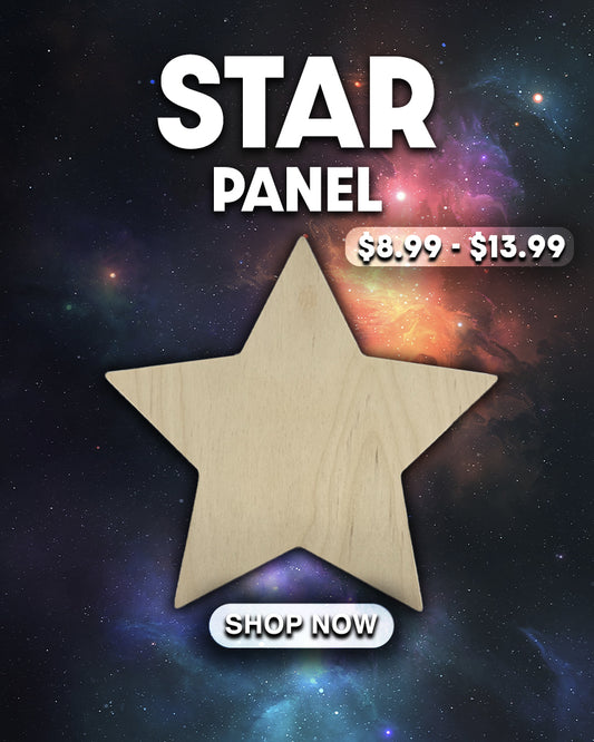 Star Panel sale graphic with an unpainted wooden star and Shop Now text.
