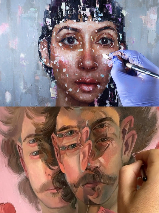 Two portrait studies with a brush touching the upper figure's cheek.