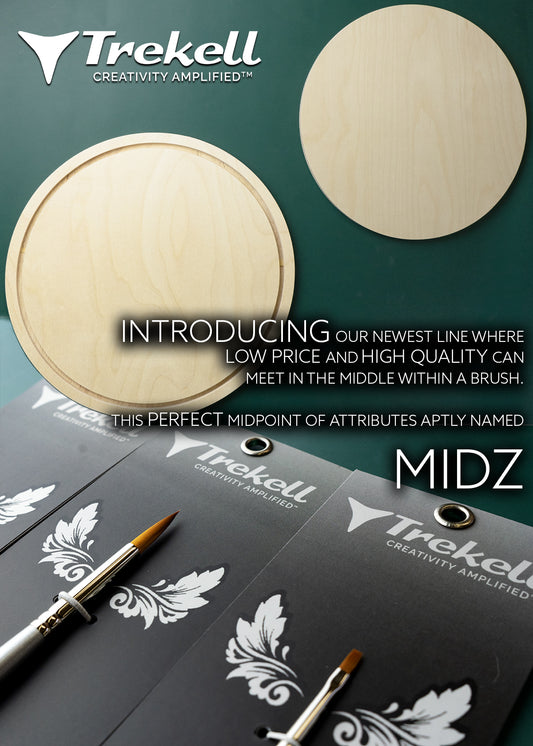 Product graphic introducing round wooden panels above black MIDZ brush packaging.