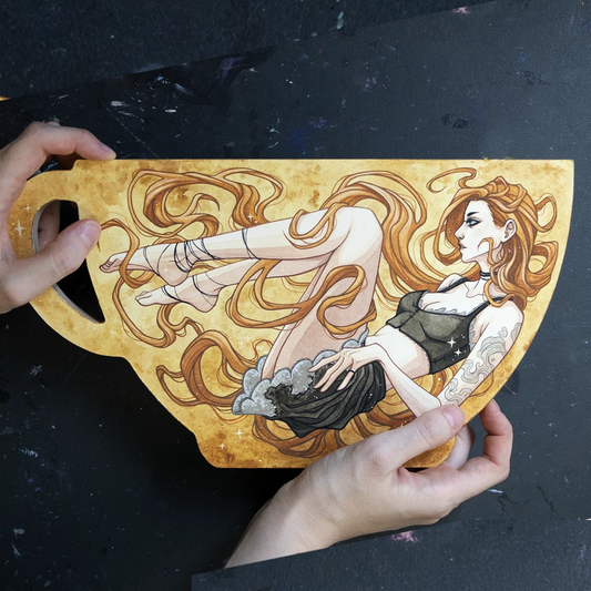 Hands hold a gold cup-shaped panel painted with a reclining woman.