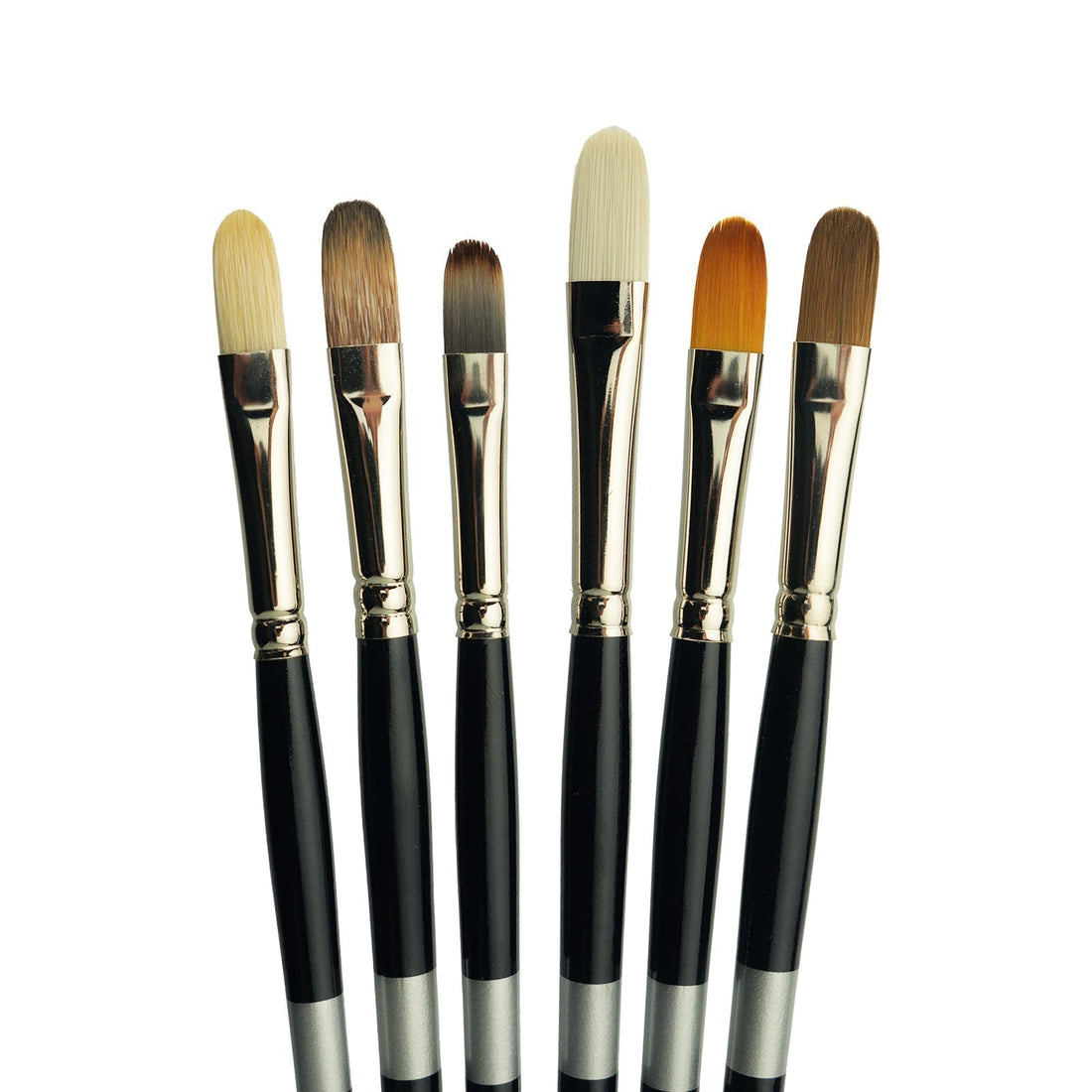 Six pale-and-brown-bristled brushes fanned upright with black handles.