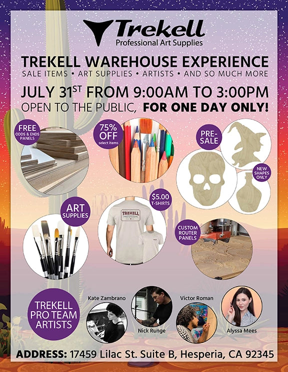 Purple Trekell Warehouse Experience event poster with date, hours, location and product images.