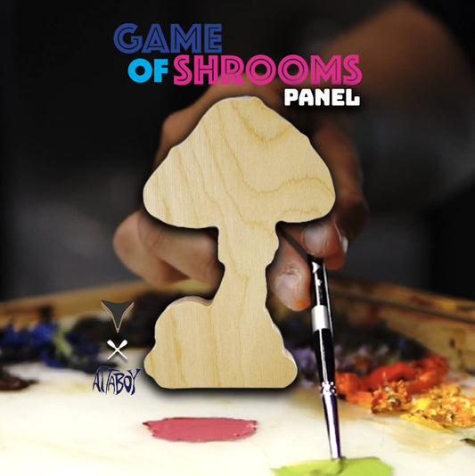 Game of Shrooms Panel graphic with an unpainted mushroom-shaped panel and a brush.