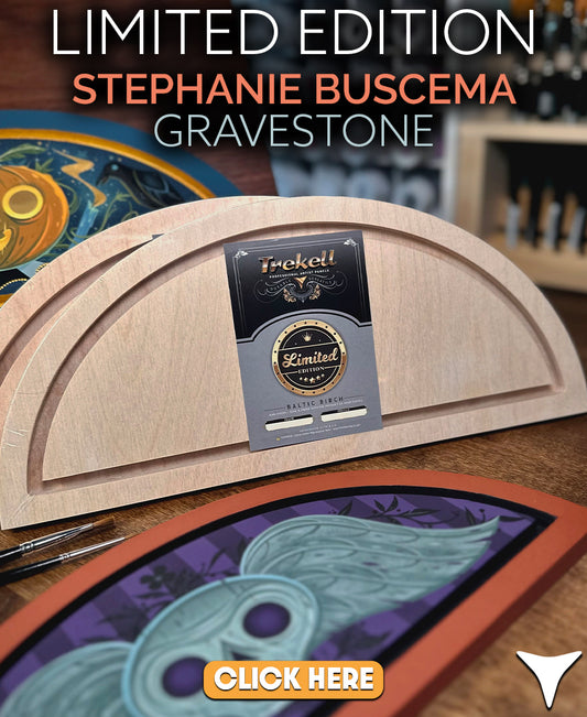 Limited Edition Stephanie Buscema Gravestone graphic with bare and painted half-round panels and Click Here text.