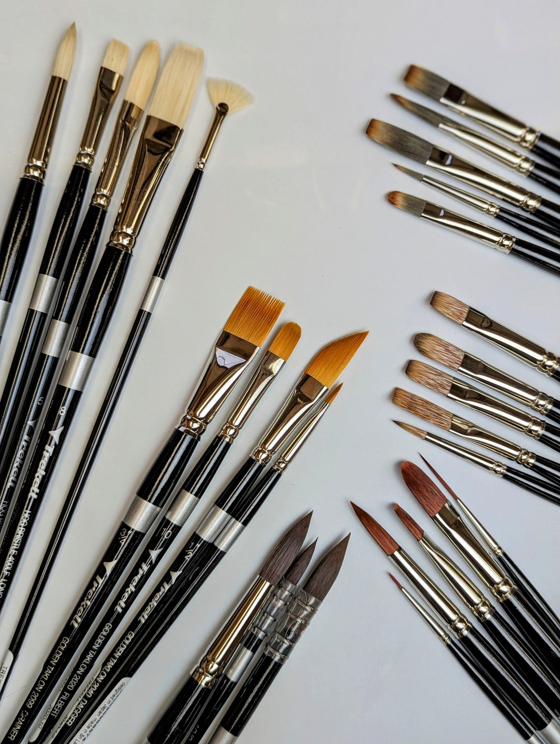 Assorted brushes spread diagonally across white, showing pale, golden and brown tips.