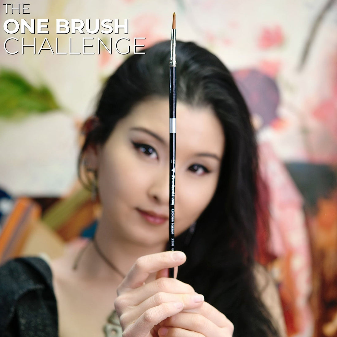 Woman holds a slender brush vertically before her face; text reads One Brush Challenge.