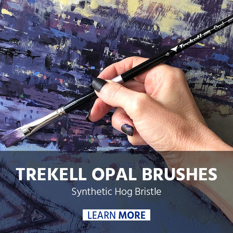 Hand paints a purple landscape; text reads Trekell Opal Brushes, Synthetic Hog Bristle, Learn More.