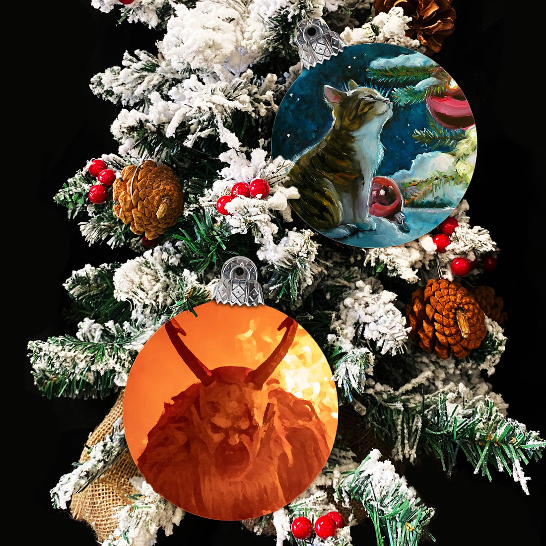 Snow-dusted tree decorated with round painted ornaments.