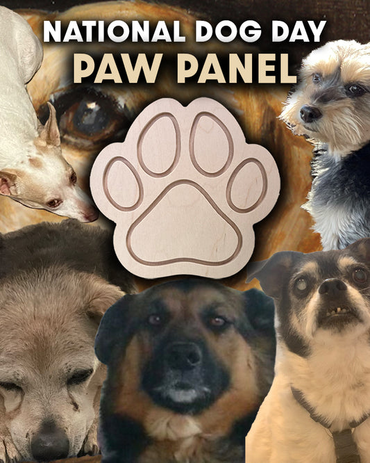 National Dog Day Paw Panel graphic over dog photographs.