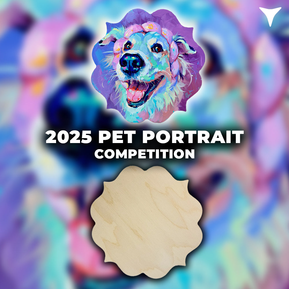 2025 Pet Portrait Competition graphic with a colorful dog above an unpainted shaped panel.