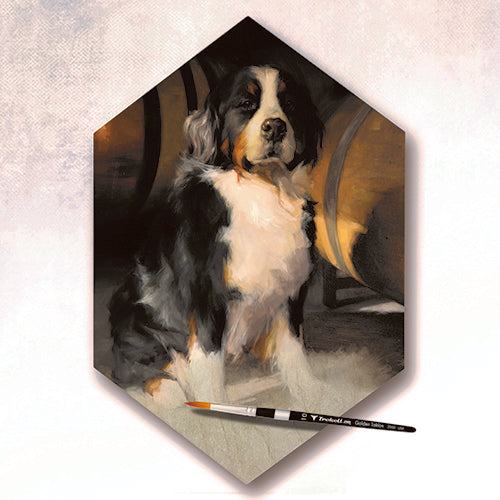 Black-and-white dog portrait on a pointed hexagonal panel beside a brush.