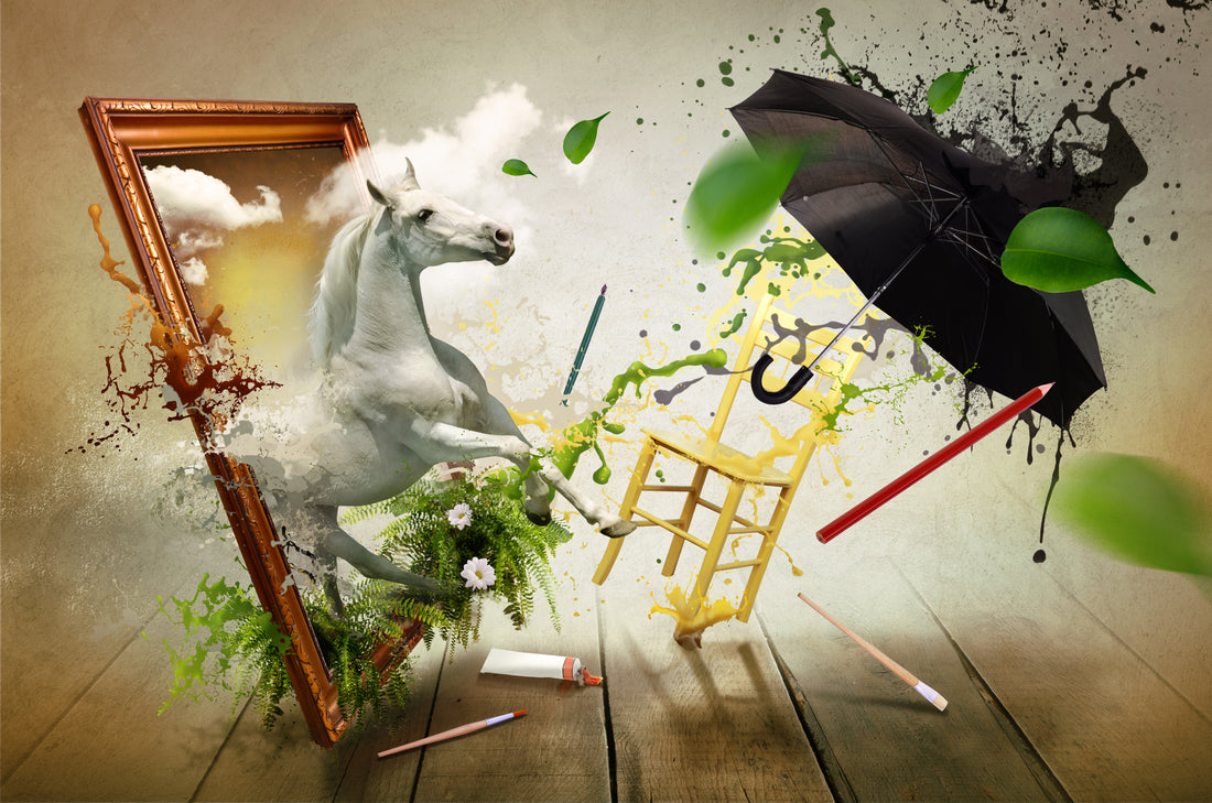 Black-and-white birds and geometric golden structures in a surreal green-and-white scene.