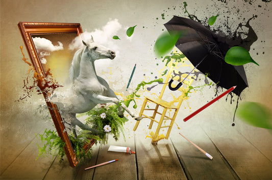 Black-and-white birds and geometric golden structures in a surreal green-and-white scene.