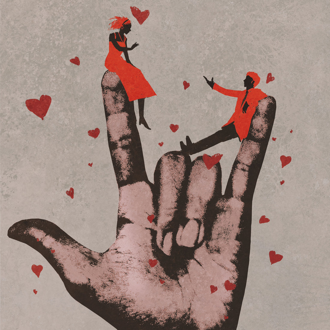 Raised hand illustration with tiny red-clad figures and floating red hearts.