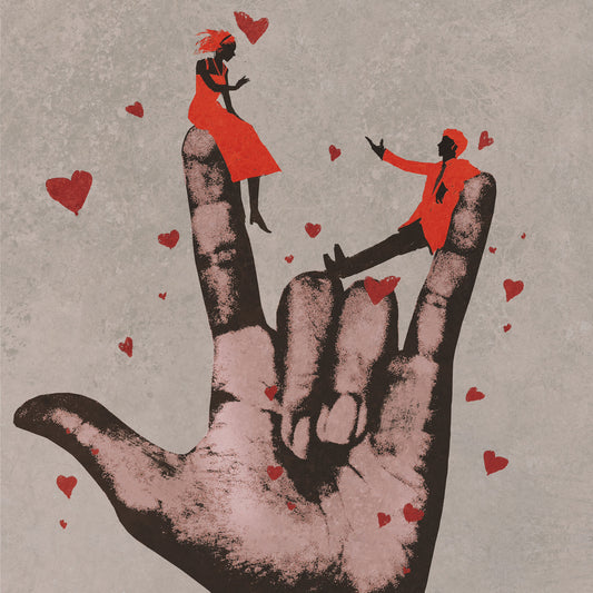 Raised hand illustration with tiny red-clad figures and floating red hearts.