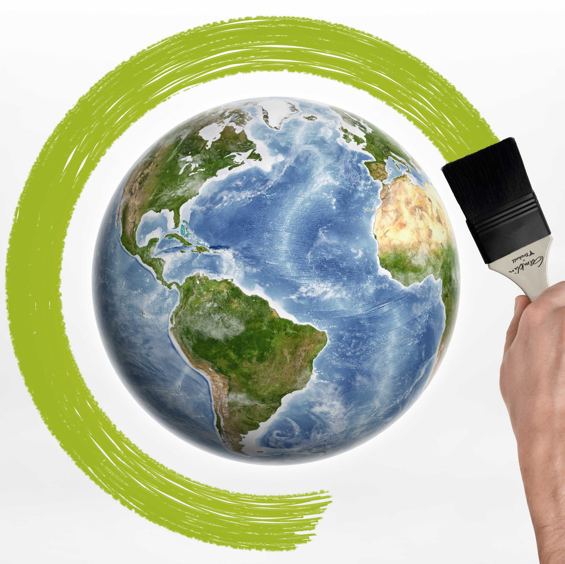 Earth encircled by a green brushstroke with a broad black brush at its edge.