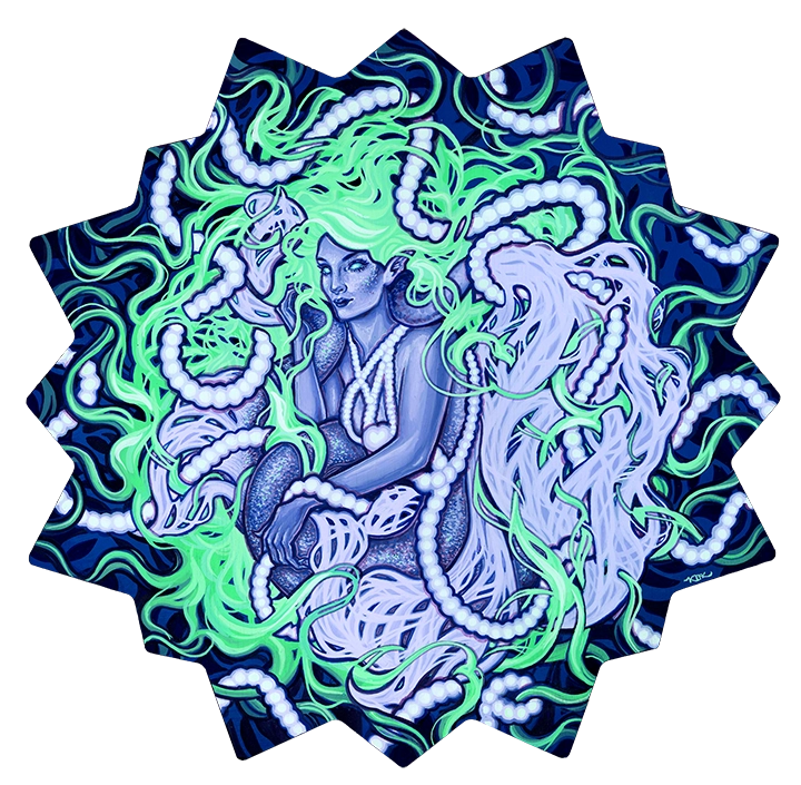 Lavender woman surrounded by lime-green and white curling tentacles on a dark jagged panel.