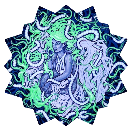 Lavender woman surrounded by lime-green and white curling tentacles on a dark jagged panel.
