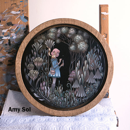 Round dark painting of a small figure among pale flowers and tall leaves.