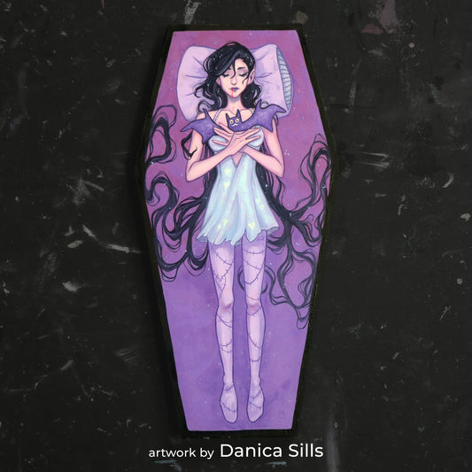 Purple coffin panel painted with a pale woman in a layered dress.