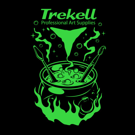 Green Trekell logo above a bubbling cauldron and curling brushlike forms on black.
