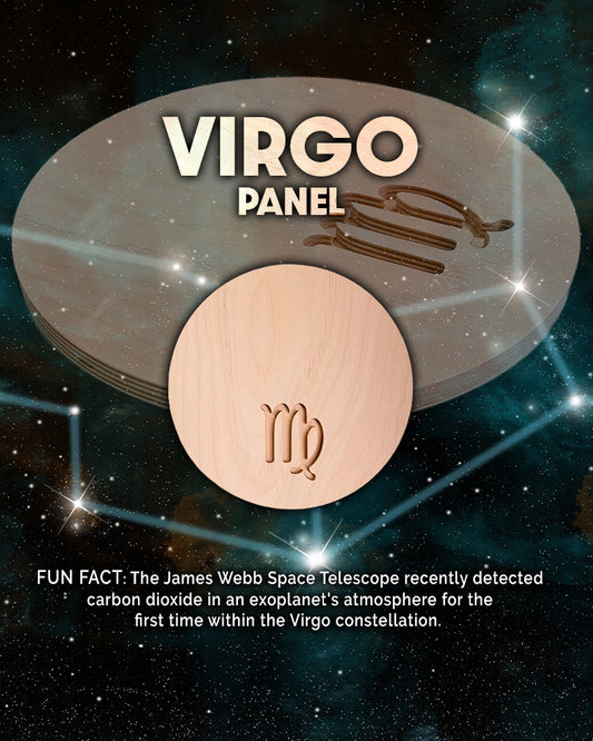 Virgo Panel graphic showing a round wooden panel with a recessed zodiac symbol.