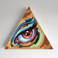 Large red-and-blue eye painted on a tan triangular panel with multicolored curved stripes.