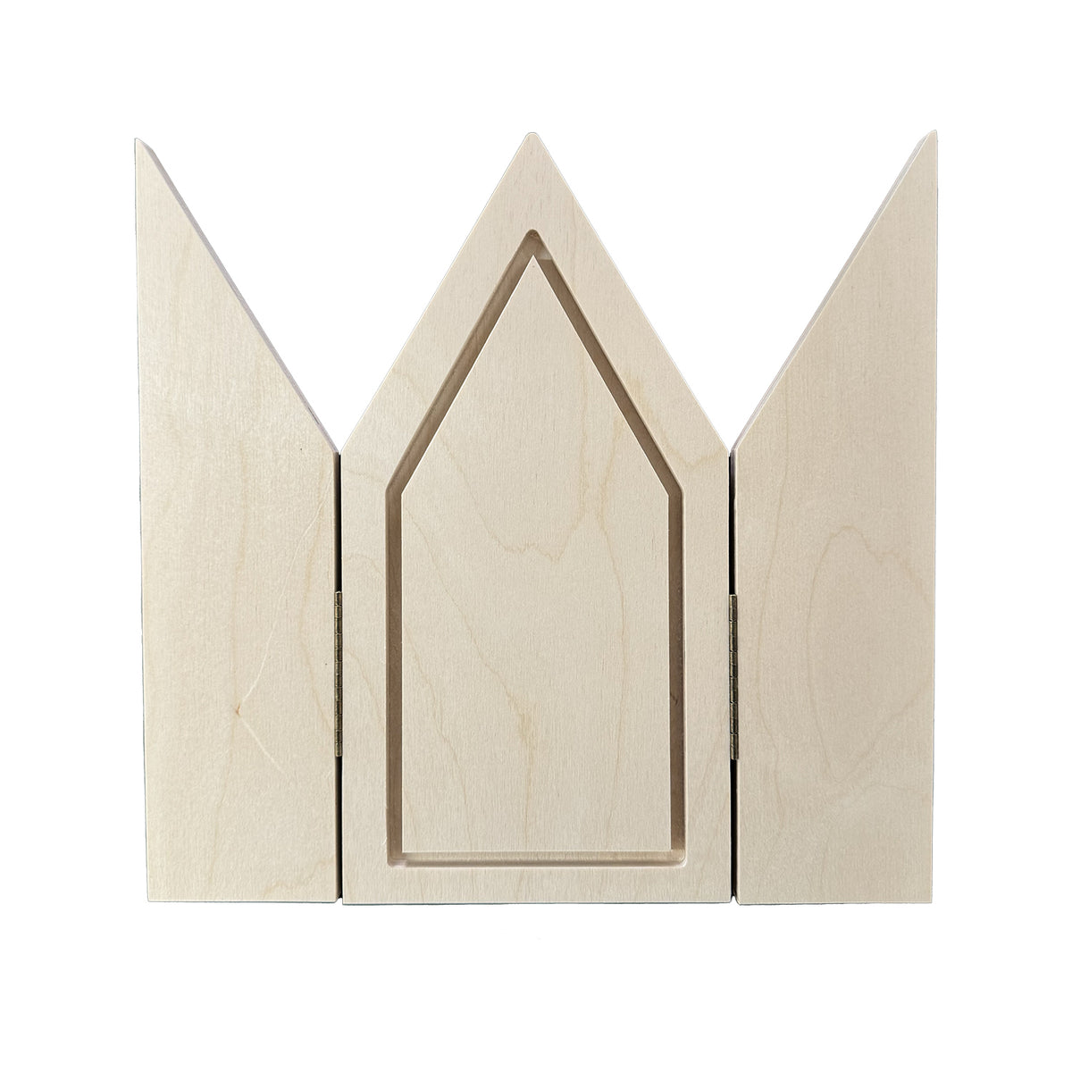Gothic Gable altar panel open, pointed recessed center between two triangular wooden wings.