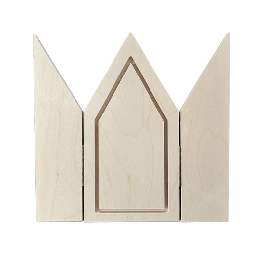 Gothic Gable altar panel open, pointed recessed center between two triangular wooden wings.