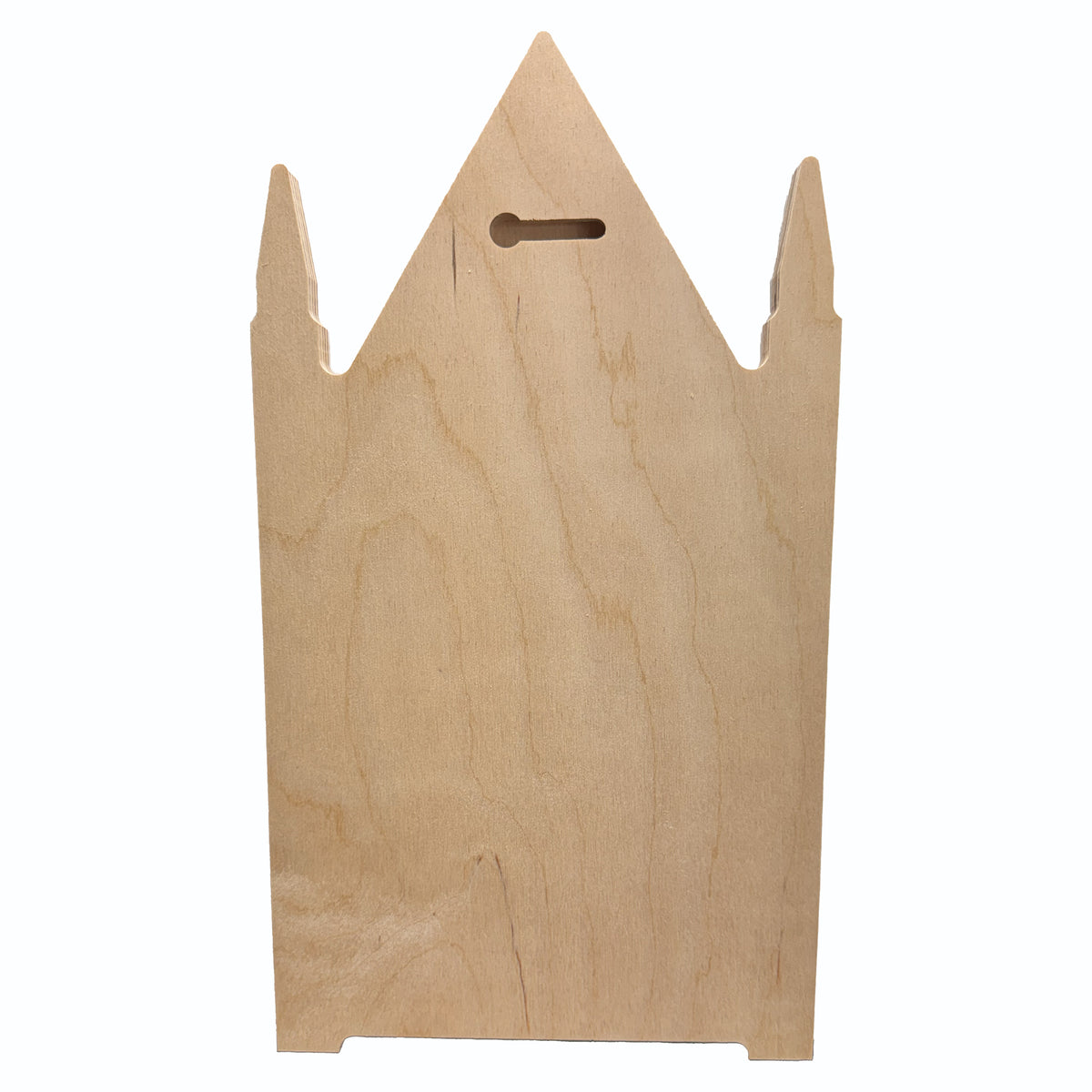 Back of a pale wood Trekell Gothic Steeple Floater Panel, with three spires and a horizontal keyhole hanging slot.