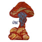Red mushroom with blue gills and yellow-red smaller mushrooms on a cluster-shaped panel, signed Attaboy.