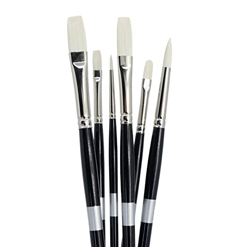 Six black-handled brushes fanned upright with pale flat, pointed and rounded bristles.