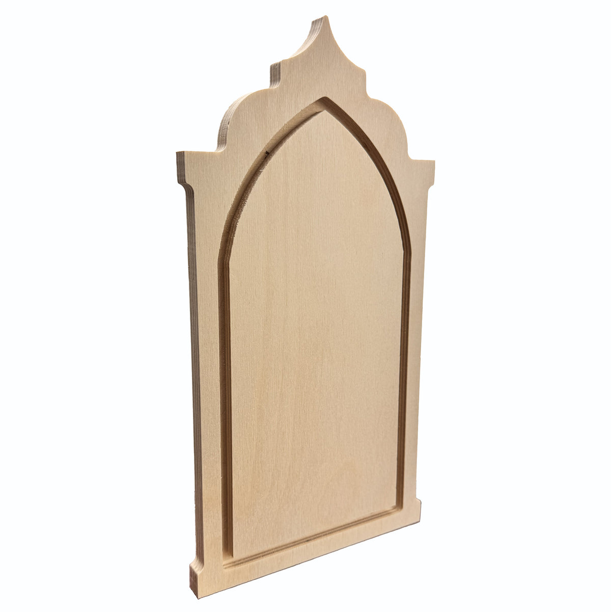 Gothic Abbey floater panel, angled view of the unpainted pointed arch and stepped wooden frame.