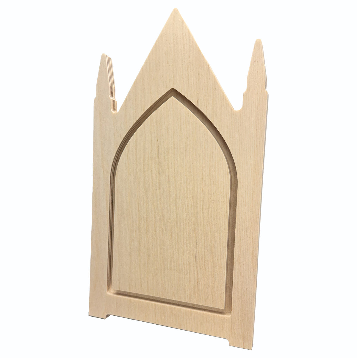 Trekell Gothic Steeple Floater Panel at an angle, showing its pointed-arch painting surface, three spires and raised wood frame.