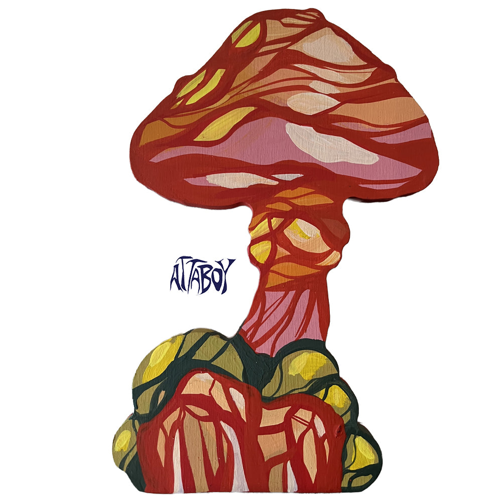 Red-and-pink mushroom with yellow accents painted on a cluster-shaped wood panel, signed Attaboy.
