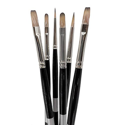 Six black-handled brushes fanned upright with pointed, rounded and flat brown bristles.