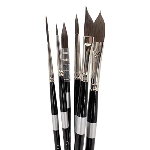 Six black-handled pointed brushes fanned upright, from fine tips to broad tapered heads.