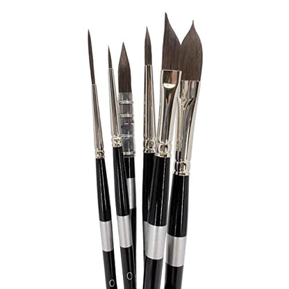 Six black-handled pointed brushes fanned upright, from fine tips to broad tapered heads.
