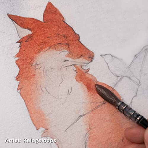 Hand uses a pointed brush to paint an orange fox on white paper.