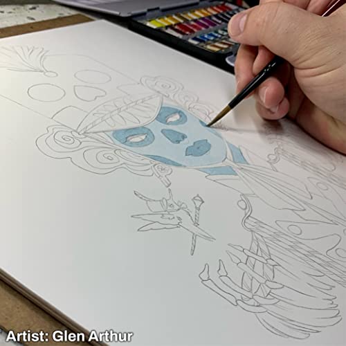 Hand paints pale blue details within a penciled illustration using a fine brush.