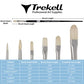 Brush dimension chart for six pale-bristled shapes, with width, bristle-length and overall-length measurements.