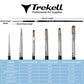 Brush measurement chart showing six brown-bristled shapes and width, bristle-length and overall-length measurements.