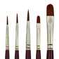 Five burgundy-handled brushes arranged upright from thin pointed tips to a broad rounded tip.