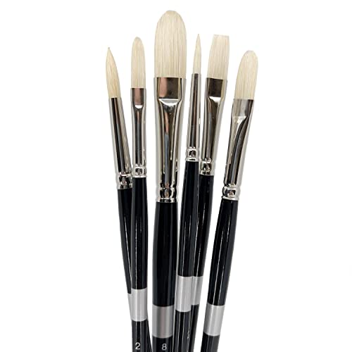 Six black-handled brushes fanned upright with pale pointed, flat and rounded bristles.