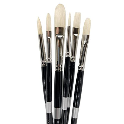 Six black-handled brushes fanned upright with pale pointed, flat and rounded bristles.